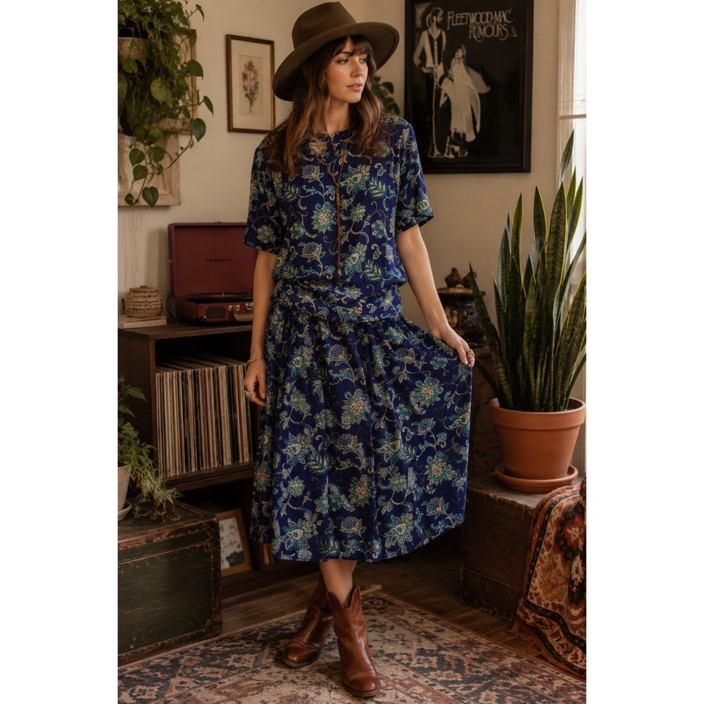 Vintage Alfred Dunner Silk Floral Paisley Skirt Set Top 12 Skirt 10 Blue Green‎